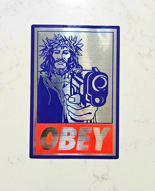 obey gangsta jesus sticker BLUE, red, and brushed aluminum